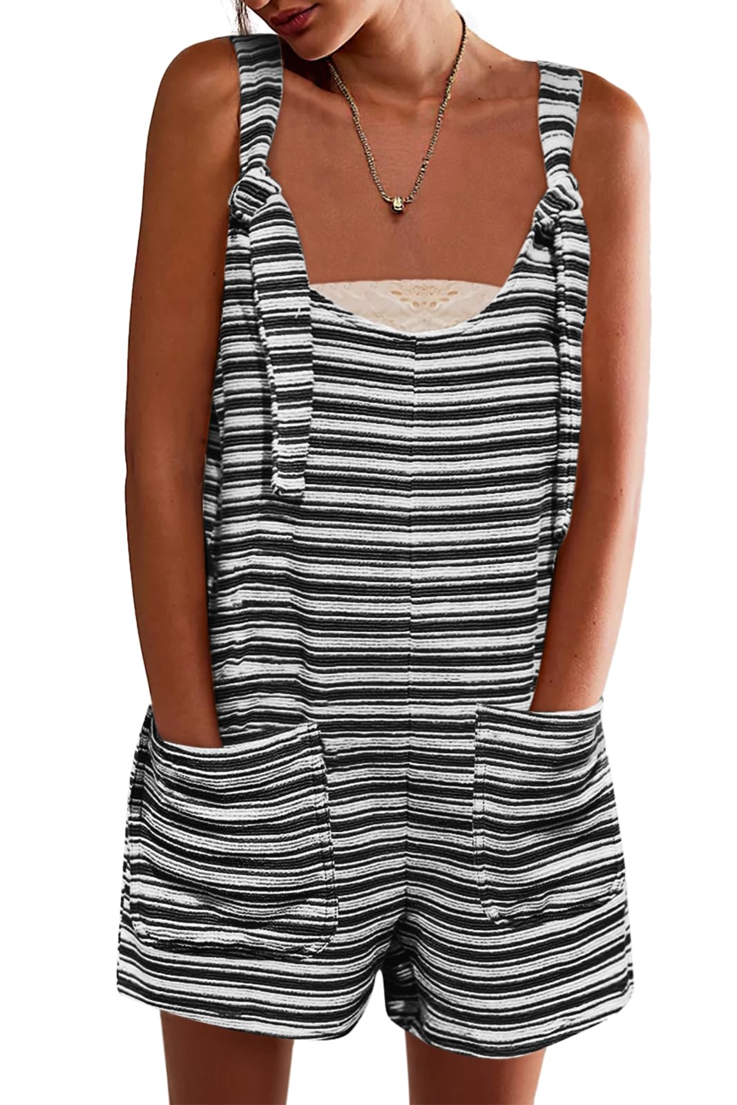 Yousify Womens Summer Casual Sleeveless Romper Loose Striped Tied Shorts Overalls Jumpsuit with Pockets 2026 Clothes