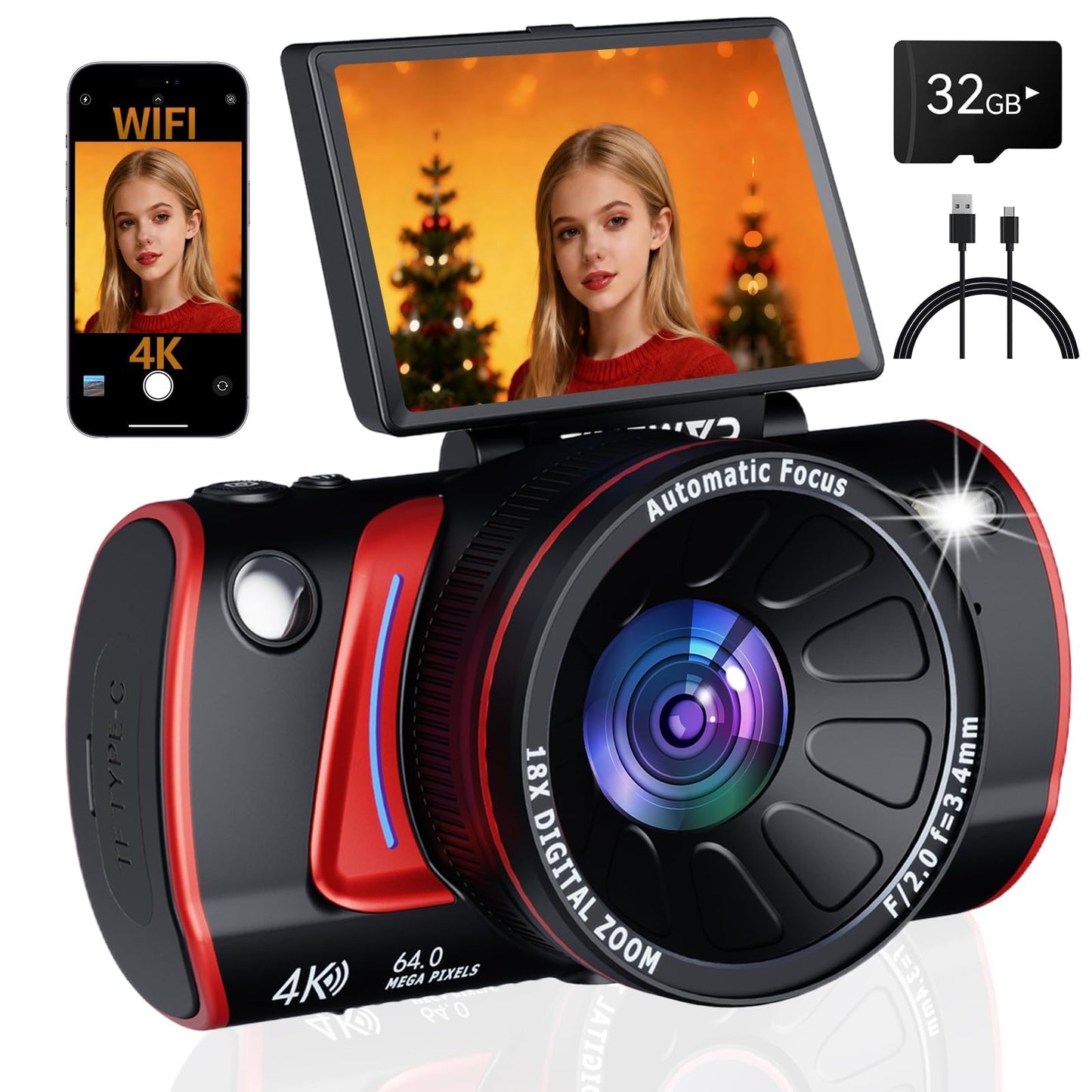 RAZPLYN 4K Digital Camera Autofocus, 2026 64MP Vlogging Camera for YouTube with 32GB Card & Rechargeable Battery, 3" Flip Screen Compact Travel Camera for Beginners Daily Use, 18X Zoom Black