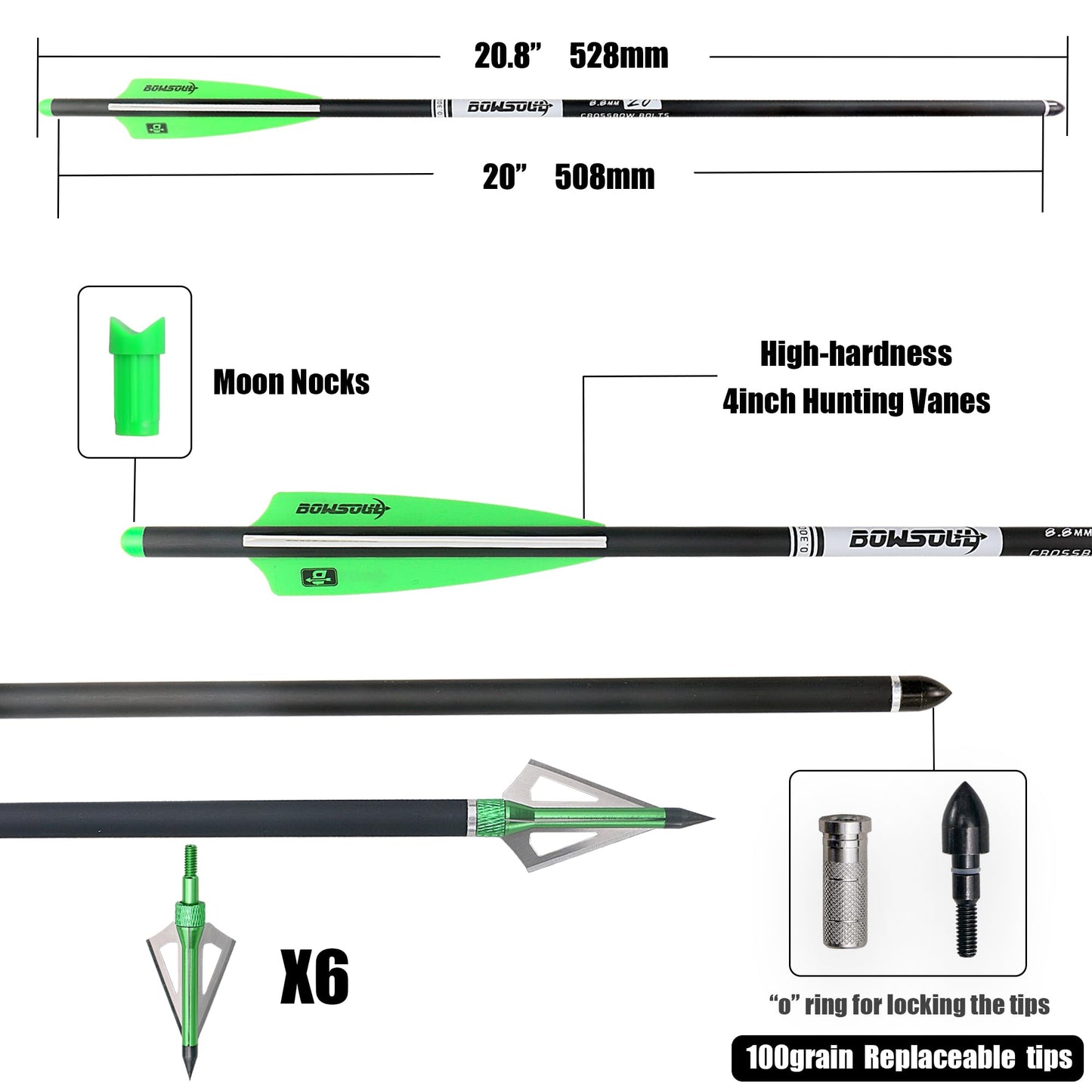 BOWSOUL Crossbow Bolts 20 22 Inch Carbon Archery Arrows 12 Pack and 6 Pack 3 Blade Hunting Broadhead Set (Green White, 20inch)