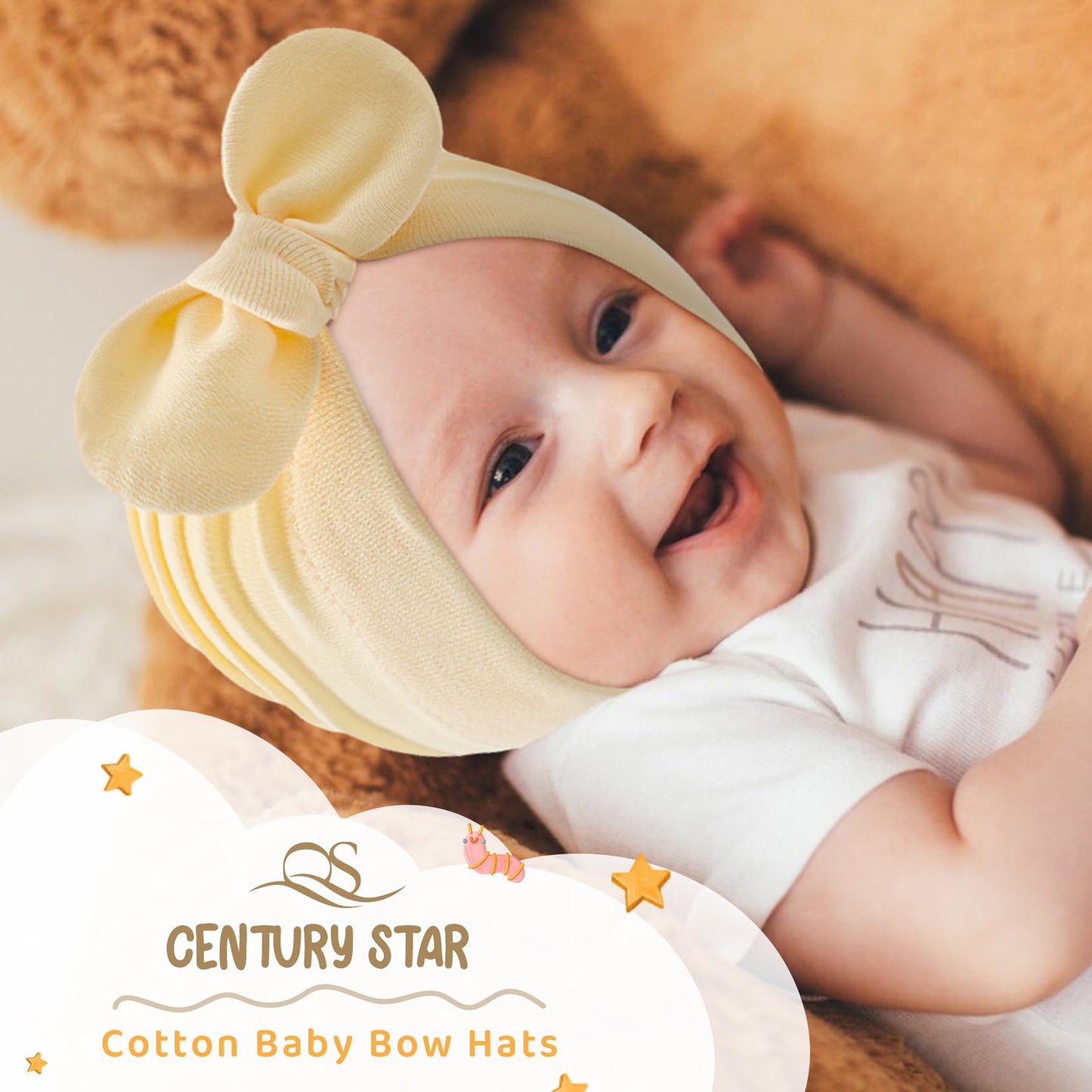 Century Star Baby Girl Beanie Hats Bow Knot Baby Bonnet Infant Toddler Hospital Hat Newborn Cotton Head Wrap Beanie Cap 2Pcs Pink&Beige One Size