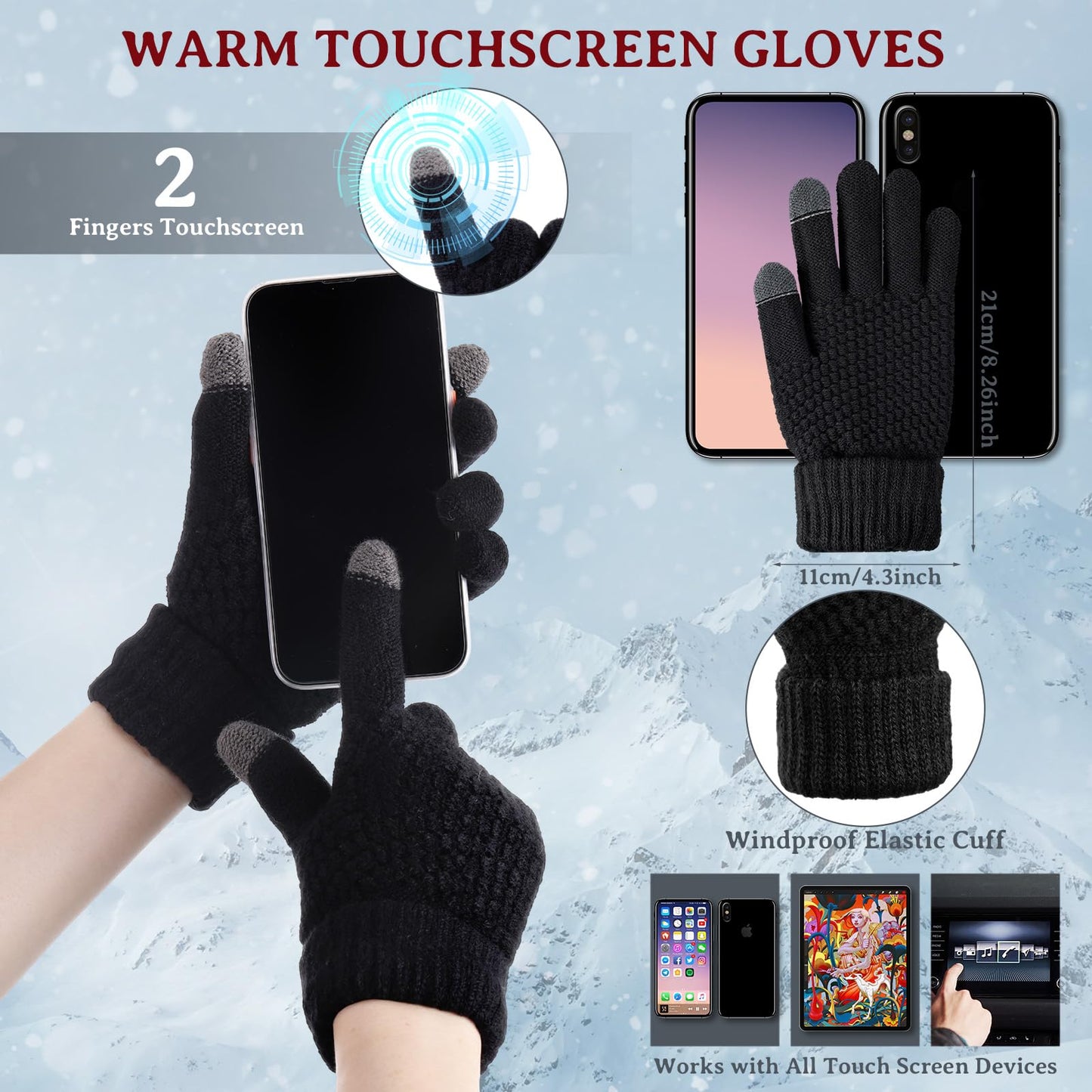 SATINIOR 4 Pieces Women Winter Hats and Gloves Set Touchscreen Gloves Warm Knitted Beanie and Mittens for Women Men(Black,Dark Khaki)