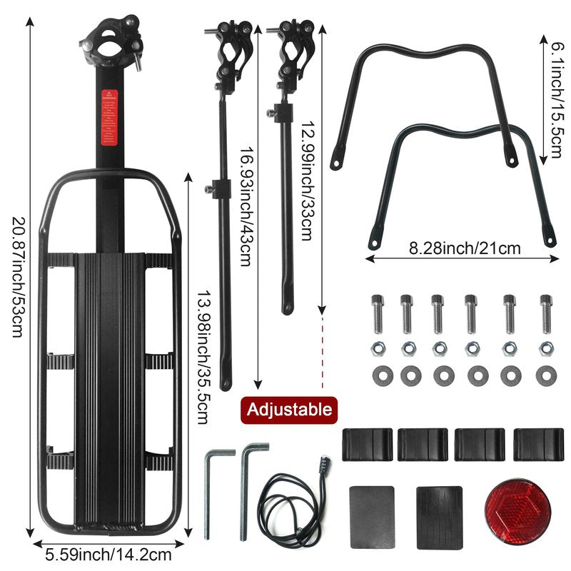 Dirza Rear Bike Rack Bicycle Cargo Rack Quick Release Adjustable Alloy Bicycle Carrier 115 lbs Capacity Easy to Install Black
