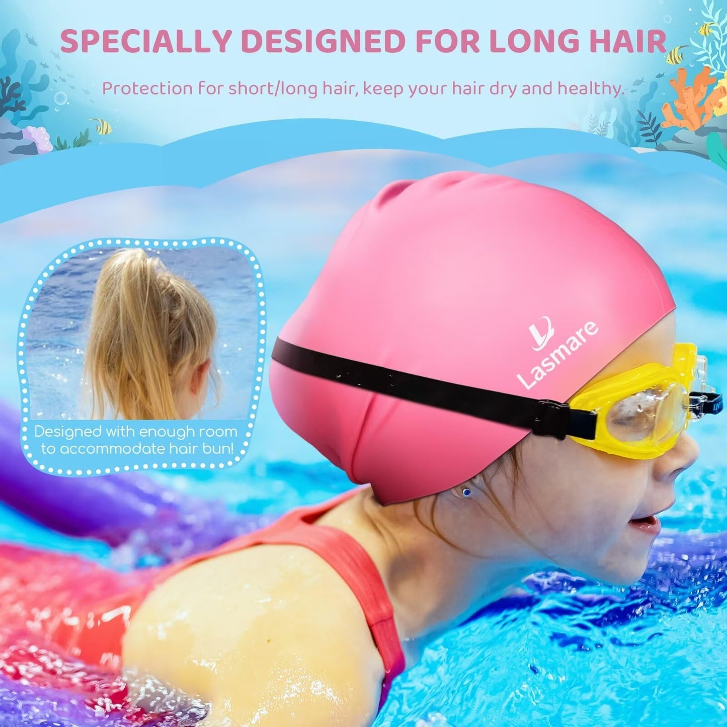 Kids Long Hair Swim Cap for Girls Boys, 3 Size Silicone Swimming Cap for Age 1-15 Toddler Children Teens, Waterproof Swim Hats Bathing Caps with Ear Plugs & Nose Clip to Keep Hair Dry(Age 3-8/Pink)