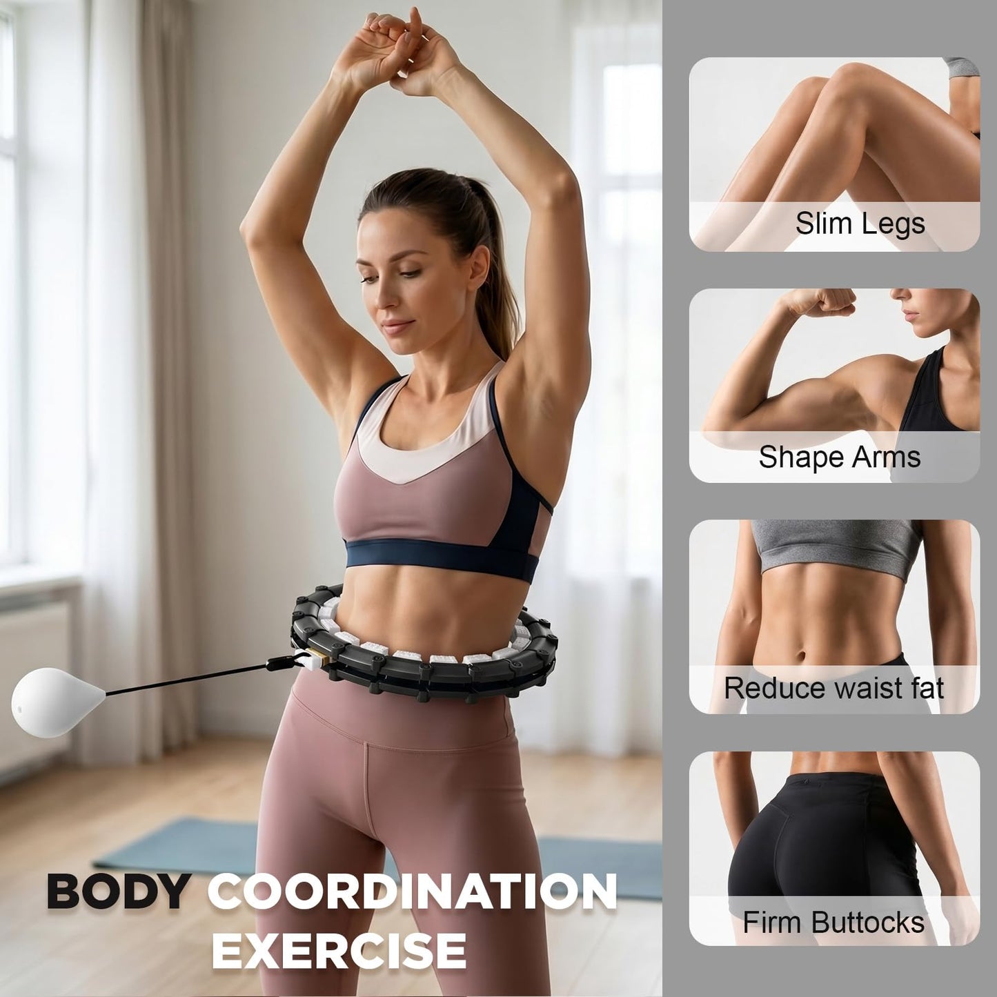 Weighted Infinity Hoop with 24 Detachable Quiet Knots, Hula Circle Hoop for Adults Weight Loss, Exercise Fit Hoop Suitable for Women and Beginners, Smart Adjustable Hoops, Black