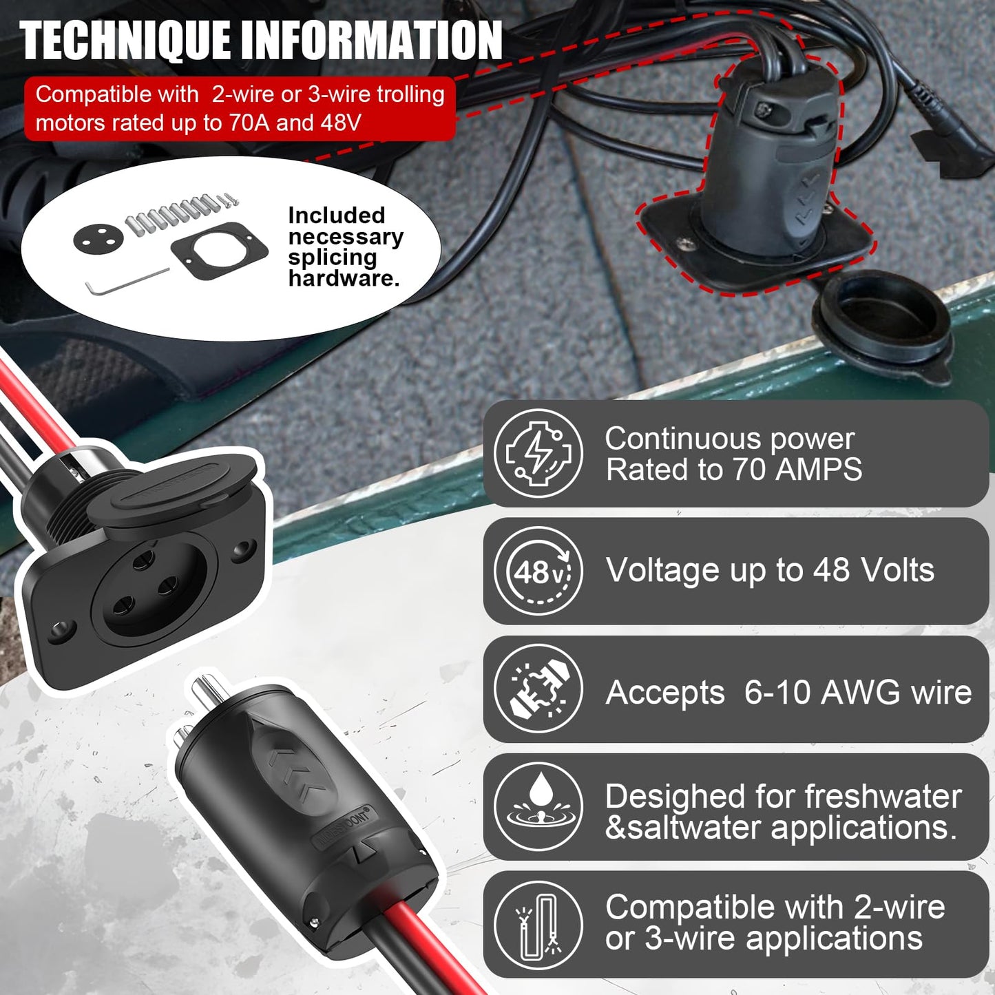Moestoont 70A Trolling Motor Plug for 2 or 3 Wire 12-48V Systems Compatible with Minn Kota Marine Boat, Watertight Heavy Duty Electrical Power Connector Black