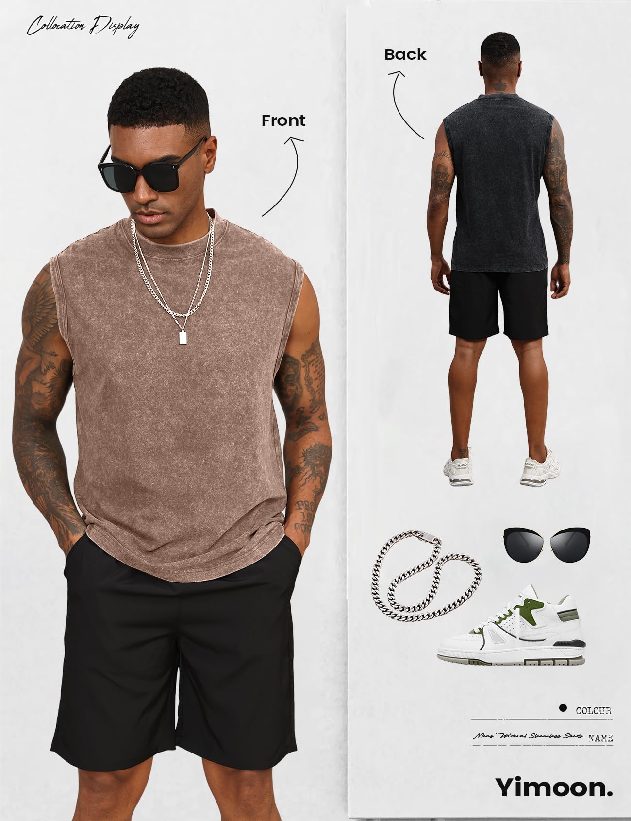 Yimoon Mens Tank Tops Workout Sleeveless Shirts Cotton Acid Wash Tees Loose Gym Muscle Shirts(GreyKhakiBeige-XL)
