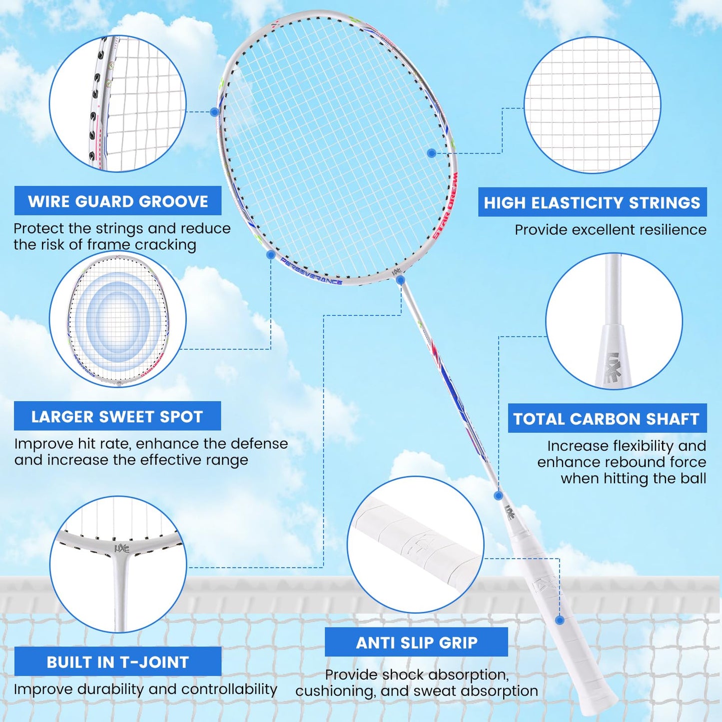 HXE Badminton Rackets Set, Lightweight Badminton Set for Outdoor Backyard Games Gym, Including 2 Racquets, 3 Shuttlecocks, 2 Replacement Grip Tapes and 1 Carry Bag, 2 Player Rackets for Beginners 4U