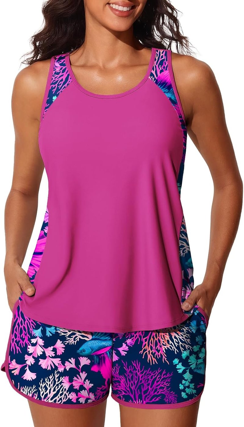 Blouson Tankini Swimsuits for Women - Tummy Control Two-Piece with Sporty Pockets | Summer Mae Swim Shorts