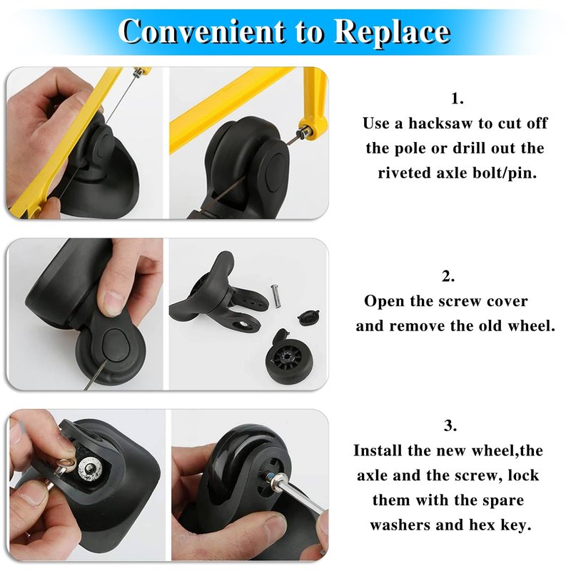OwnMy 45mm x 18mm Luggage Wheels Replacements Set of 4 Mute Suitcase Replacement Wheels with Black Screws Axles Bearings, Rotatable Rubber Luggage Replacement Wheels Silent Suitcase Swivel Wheels Kit