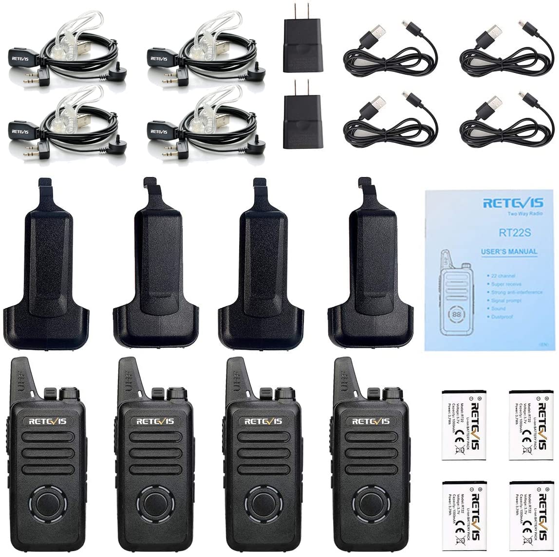Retevis RT22S 2 Way Radios Rechargeable Walkie Talkies with Headset Long Range Channel Display Lock Emergency Alarm Signal Prompt VOX, Two Way Radios for Family Event Camping Hiking Stores (4 Pack)