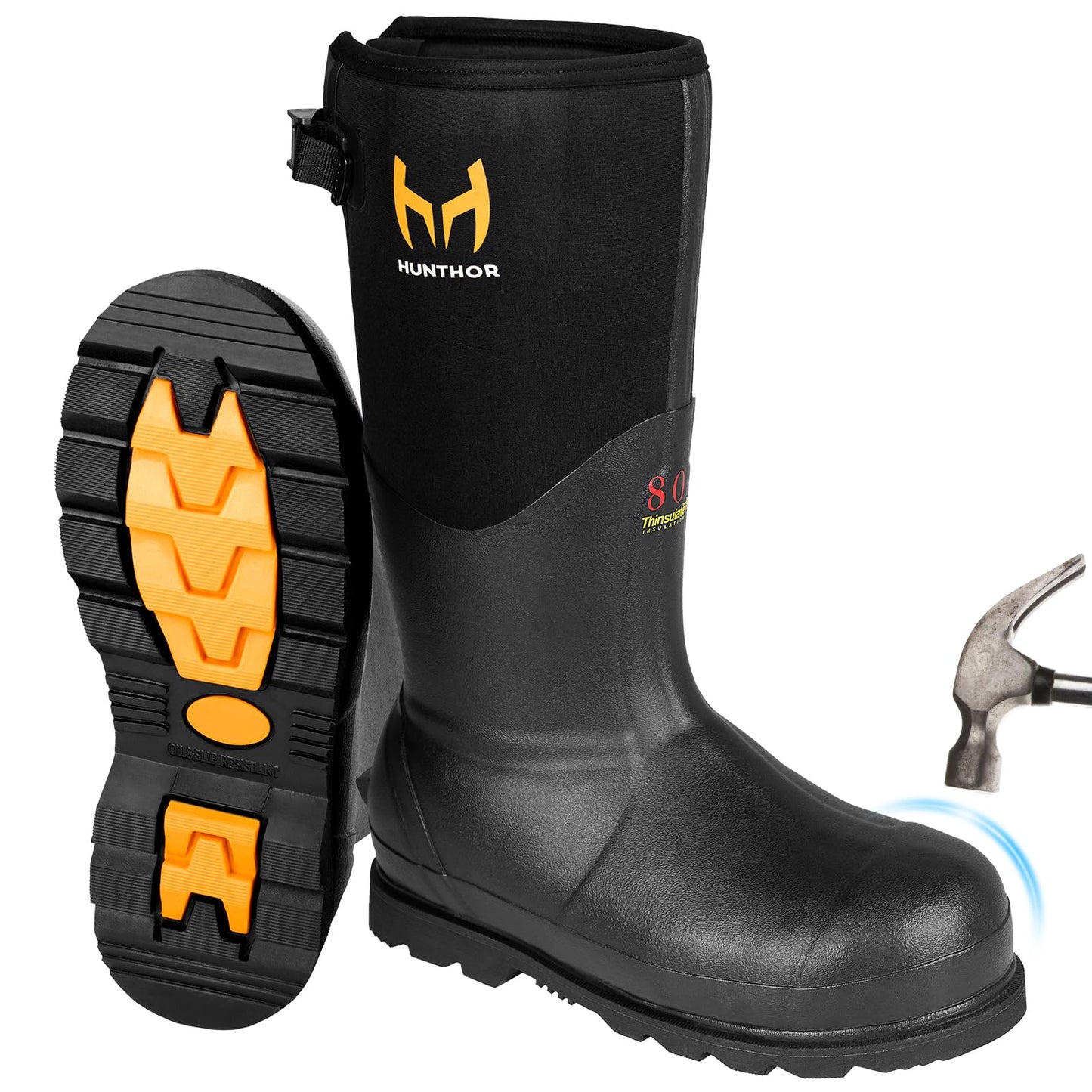 Rubber Work Boots with 800g Insulation, Puncture-Proof Steel Toe & Shank, Waterproof and Insulated 6mm Neoprene Hunting Boots for Farming, Construction, Fishing, and Manufacturing (Black, Size 7)