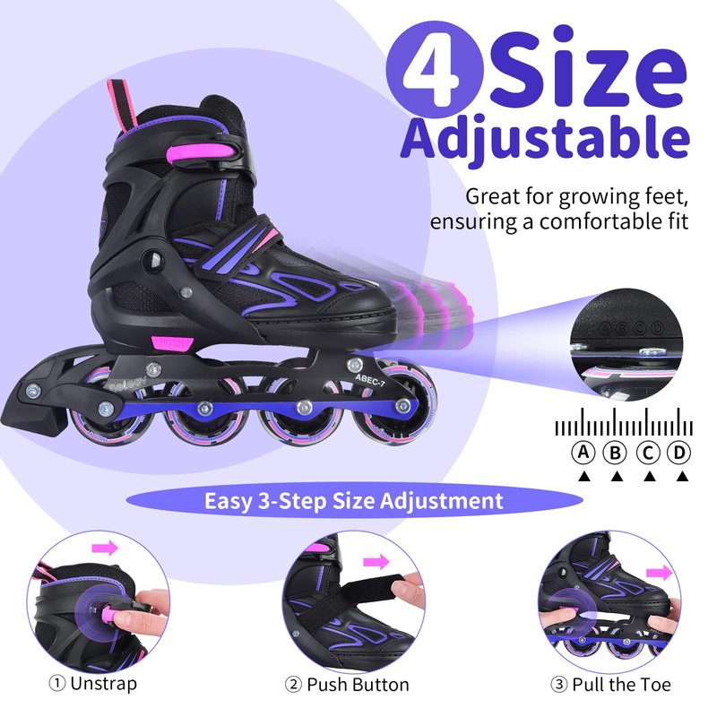 BELEEV Inline Skates with Light-Up Wheels & Shoelaces, 4-Size Adjustable Roller Blades for Kids, Boys & Girls Ages 5-8, 8-12, 6-12, Illuminating Skates for Youth & Women, Beginner Outdoor/Indoor Use