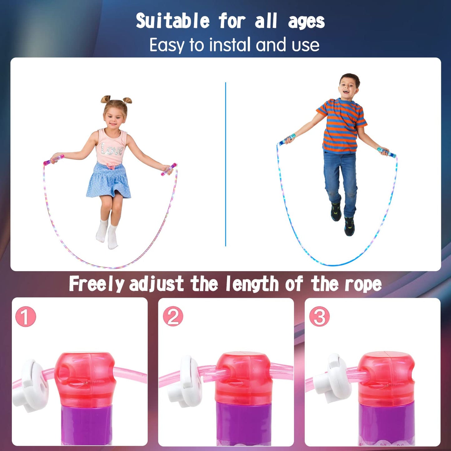 2 Pack LED Jump Rope for Kids Colorful Skipping Rope Light Up Ropes for Girls Boys Fitness Exercise & Lights Dancing & Night Party Favors(Batteries Not Included)