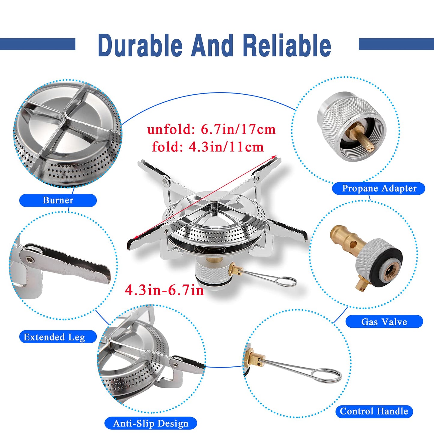 Caudblor Portable Camping Stove Burner, Small Backpacking Stoves with Butane Adapter, Lightweight Hiking Stove with Carrying Case, Little Propane Camp Stove for Travel