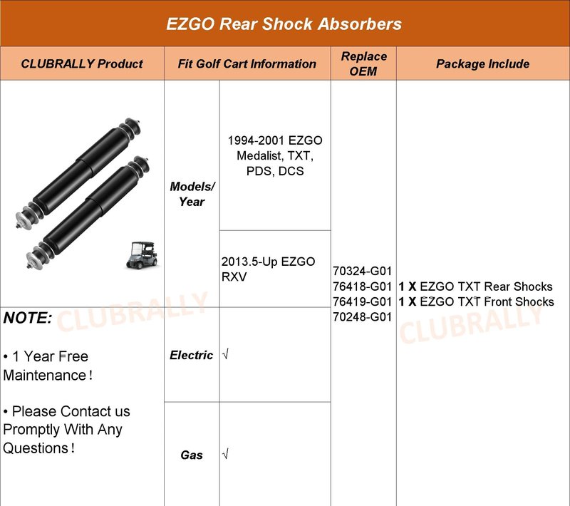 CLUBRALLY Golf Cart Front and Rear Shock Absorbers Set, EZGO TXT Shocks for 1994-2001 EZGO TXT, OEM# 76418-G01, 70248-G01, 70324-G01, 76419-G01