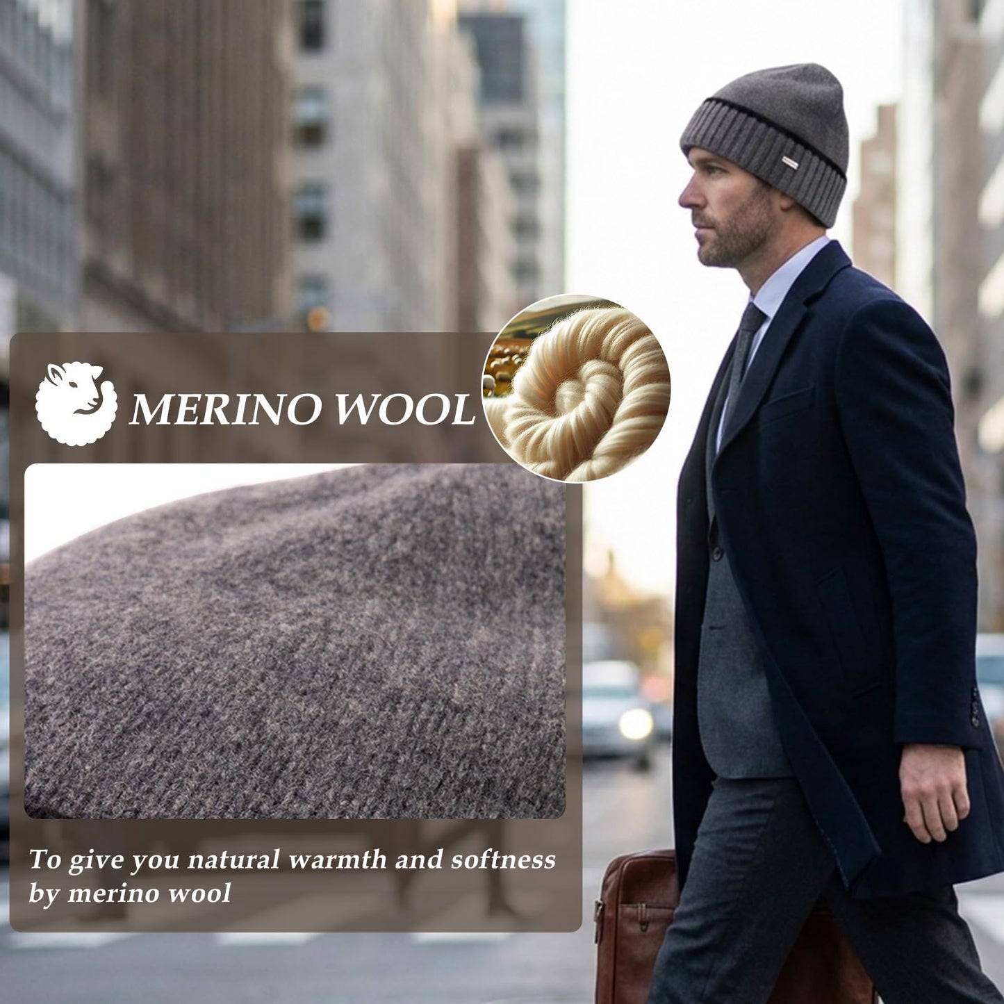 TOP-EX XL/XXL Men's Merino Wool Winter Beanie Cold Weather Knit Hat with Fleece Lining for Men Skull Cap Big Head Oversize Black