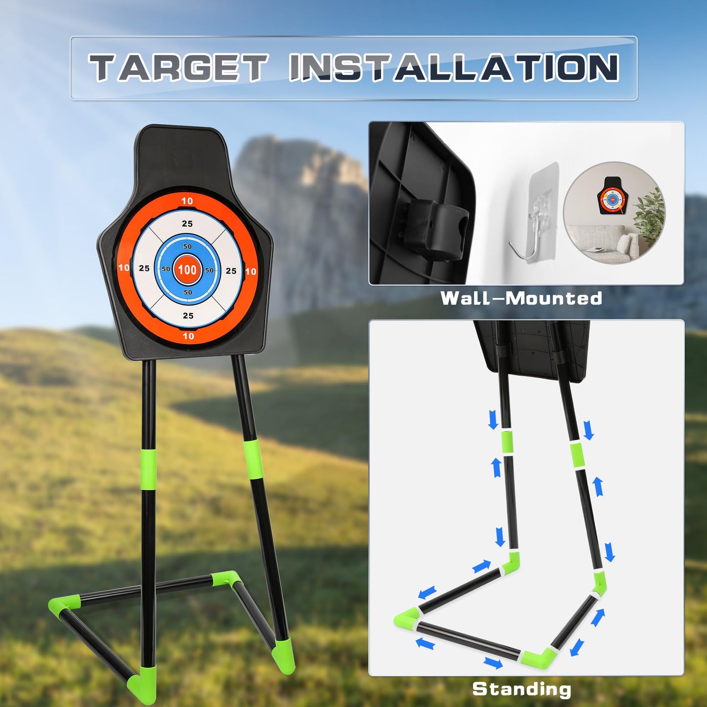 2 Pack Bow and Arrow Set with 29in Large Dart Board, LED Light Up Archery Set for Kids with 20 Suction Cup Arrows&12 Sticky Balls Standing Target Indoor Outdoor Toys Must Have for Boys Girls 3-12 yo