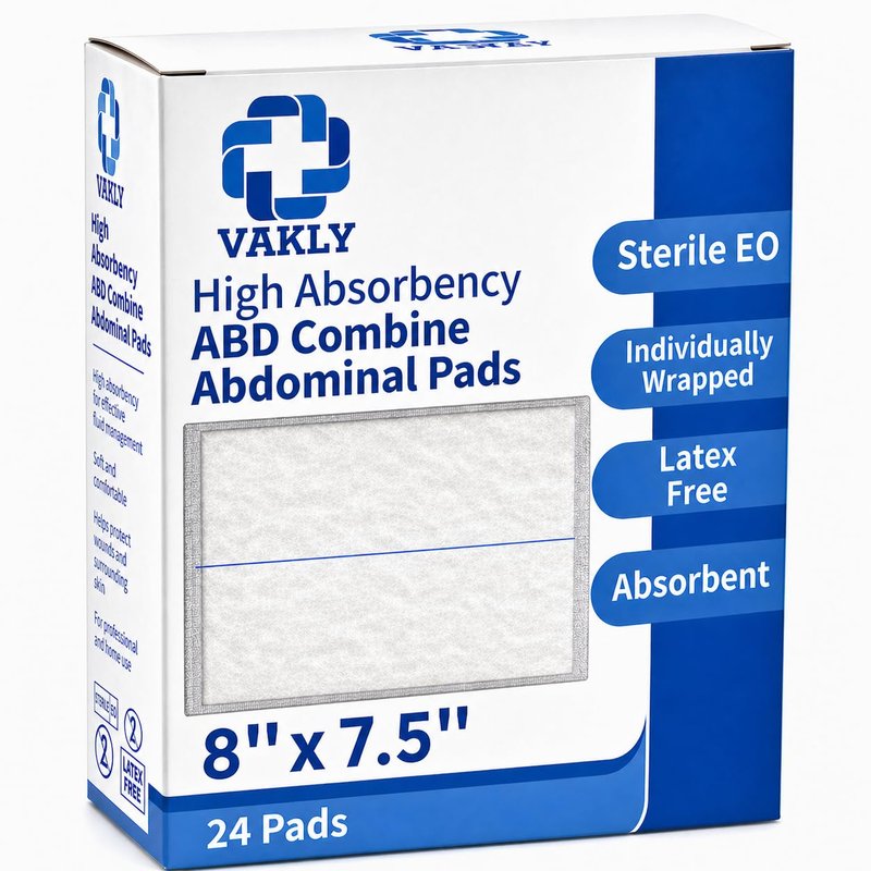 Vakly ABD Combine Abdominal Pads 8" x 7½" (Pack of 24) – Sterile High Absorbency Non-Adherent Gauze, Individually Wrapped, Ideal for First Aid and Emergency Use