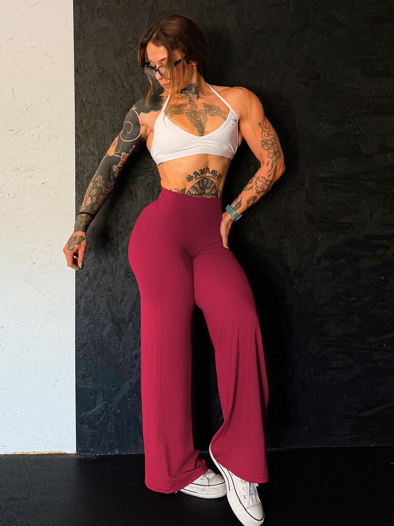 YEOREO Workout Leggings Womens No Front Seam Straight Leggings 33" High Waist Buttery Eddiy Gym Yoga Pants Ruby Red XL