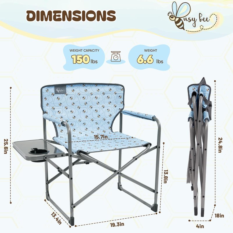 Busy Bee Kids Director Camping Chair with Foldable Side Table, Lightweight, Flat Folding, Compact and Portable, Perfect Kid Beach Chairs, Supports 150 Lbs.