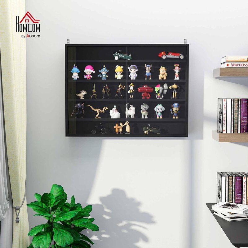 5-Tier Display Cabinet - Glass Door Design with Adjustable Shelves | Wall-Mounted for Playroom or Bedroom - Black