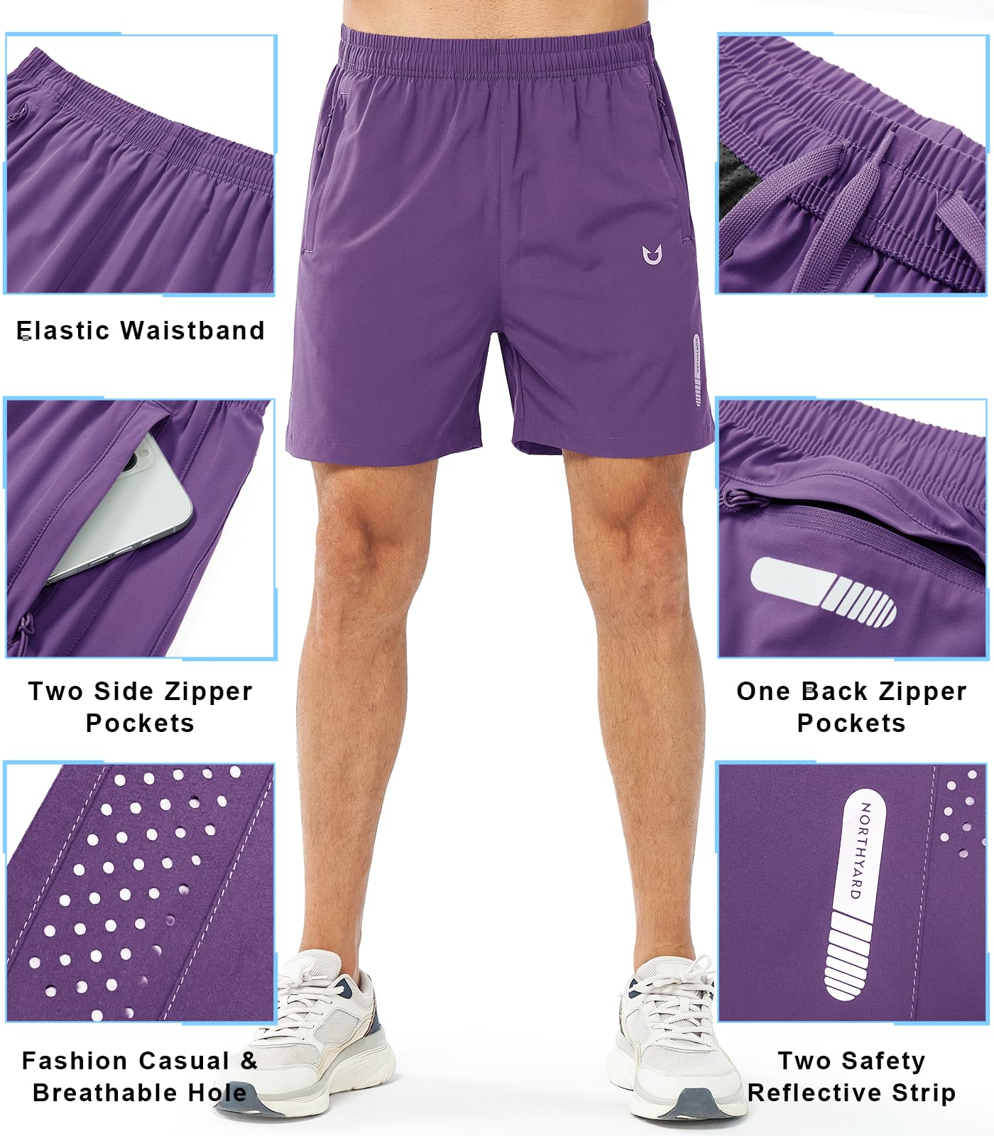 NORTHYARD Men's Athletic Running Shorts Gym Workout 7"/9"/5" Quick Dry Lightweight Sports Basketball Tennis 3 Zipper Pockets PURPLE-5inch L
