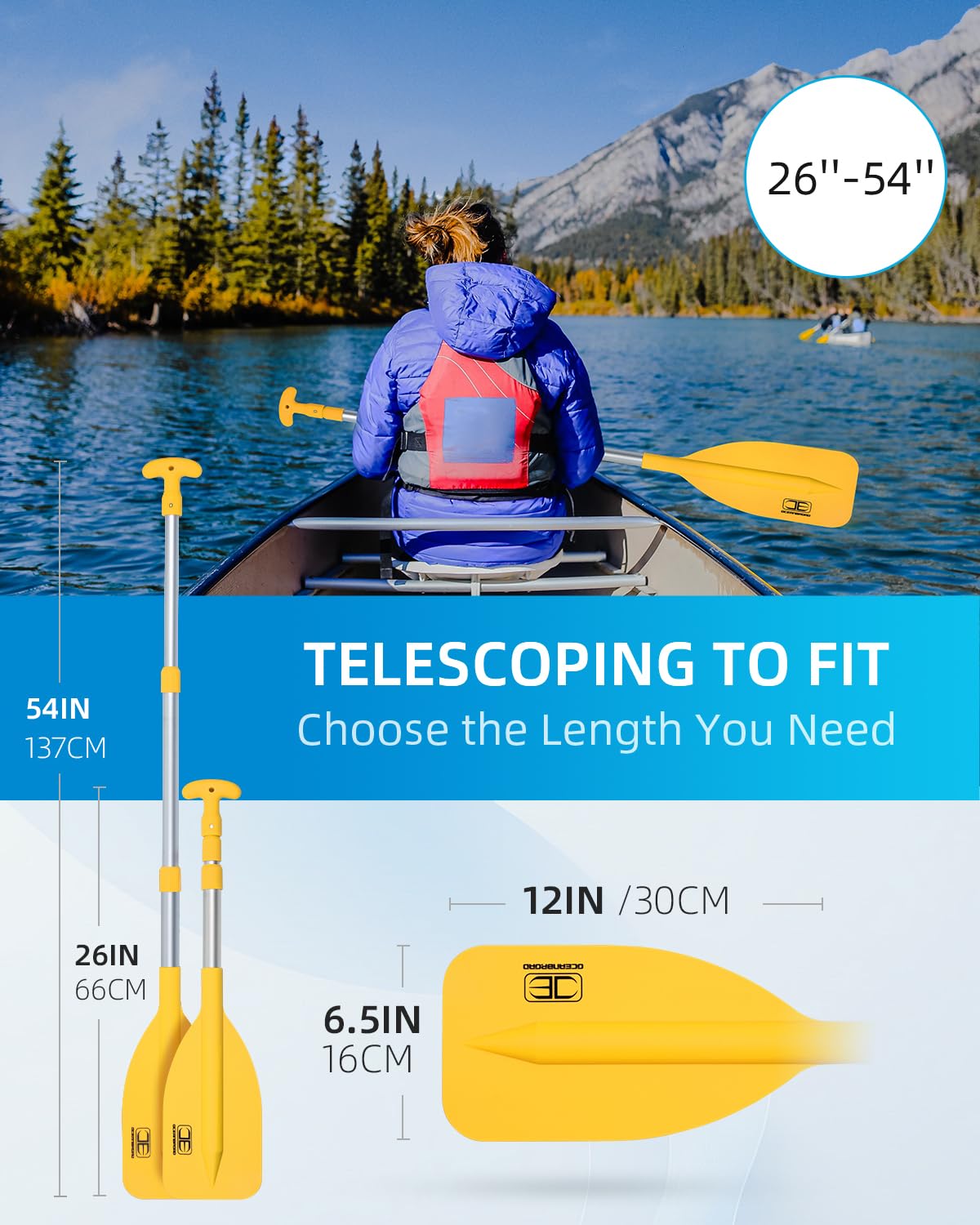OCEANBROAD Telescoping Emergency Paddle 26''-54'' Collapsible Paddles Aluminium Shaft for Kayaking Boating Canoeing River Tubing, Yellow, 2 Paddles