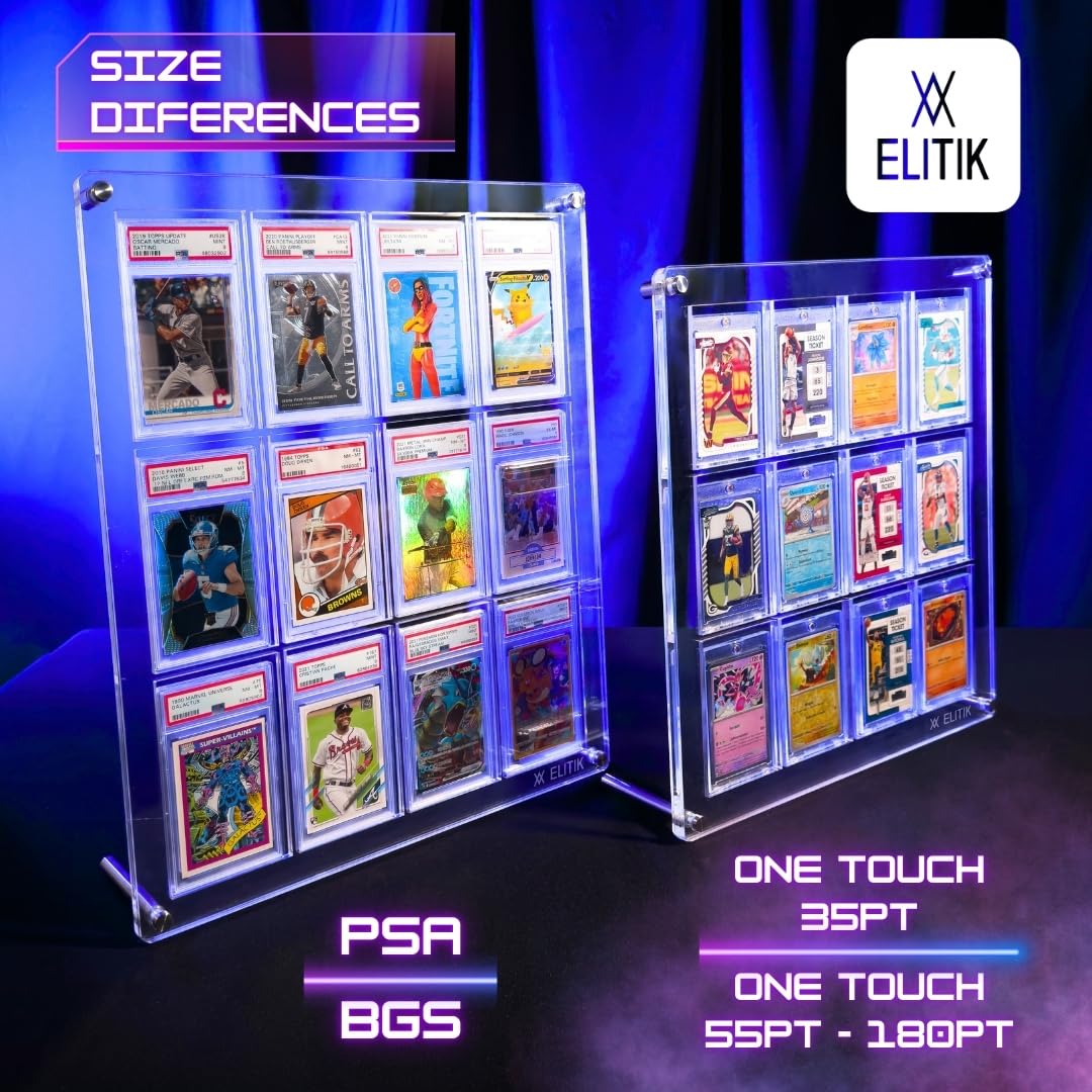 ELITIK Acrylic Card Display Case for One Touch Card Display Case 35pt – Holds 12 One Touch Magnetic Holders, Wall Mount or Desktop Acrylic Frame for Trading & Sports Cards
