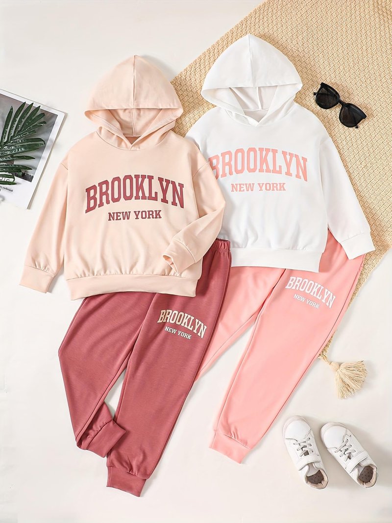 Fdqin Girl's Tracksuit Sets 4 Piece Outfits Cute Hoodie Matching Jogger Sweatpants Clothes Set White/Brick Red/Pink 11-12 Years