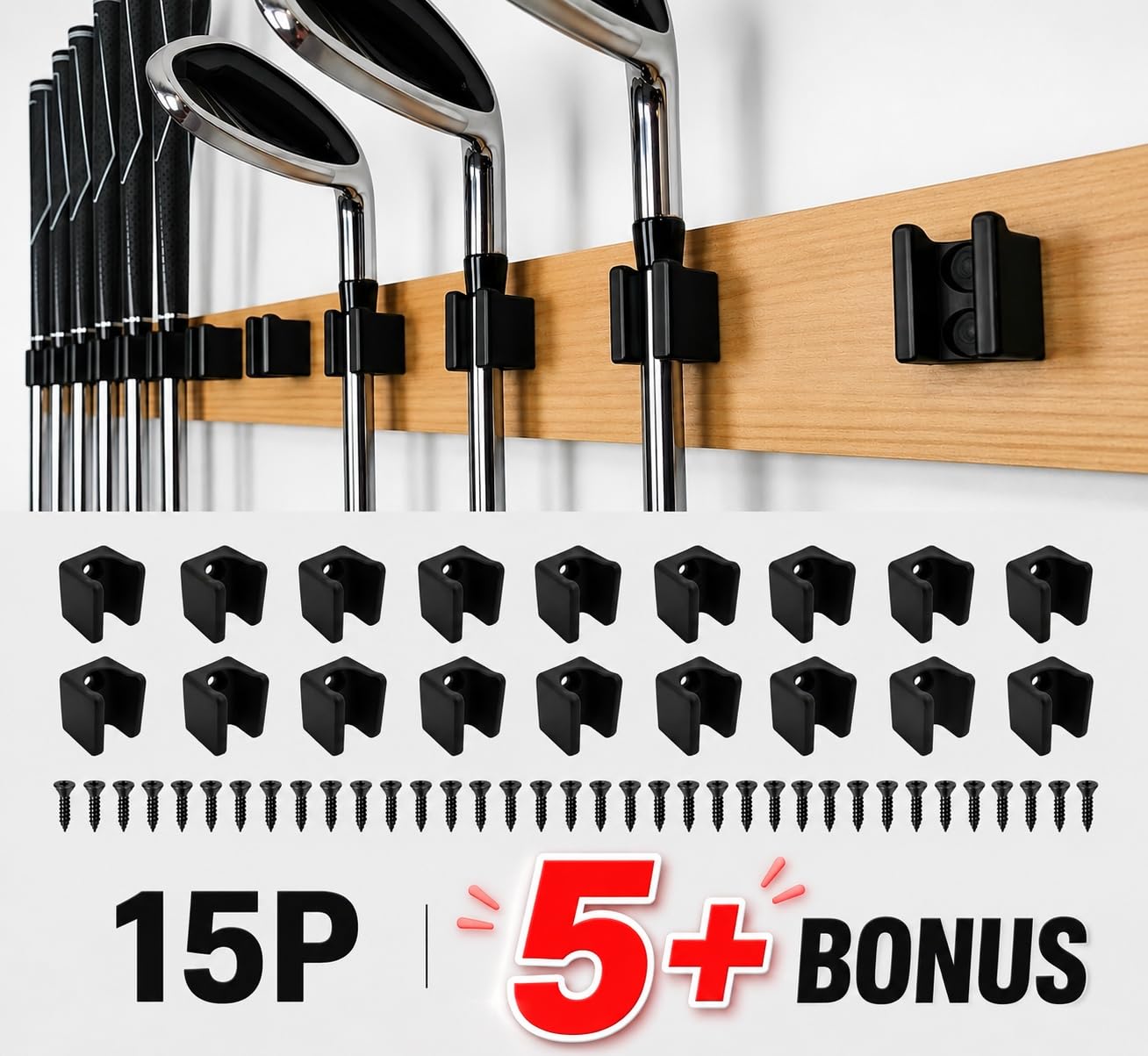 [JINTECH] Golf Club Organize Holder, Wall Display, Wall Hanger, Rack, Mount [15 Holder Set] (Head up - 10mm - 15set)