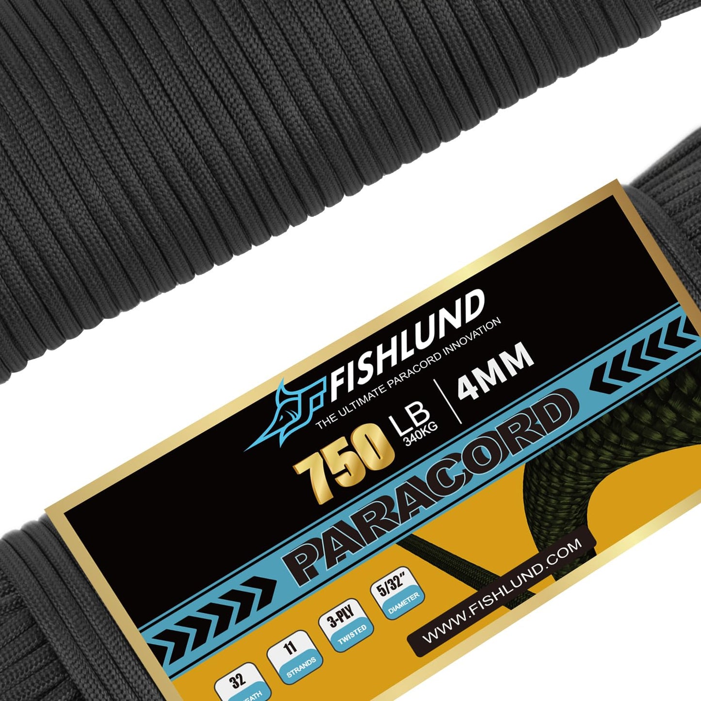 FISHLUND 750lb Paracord, 4mm 11 Strand Parachute Cord, Heavy Duty Nylon Paracord Rope for Camping, Outdoor, Black, 50FT