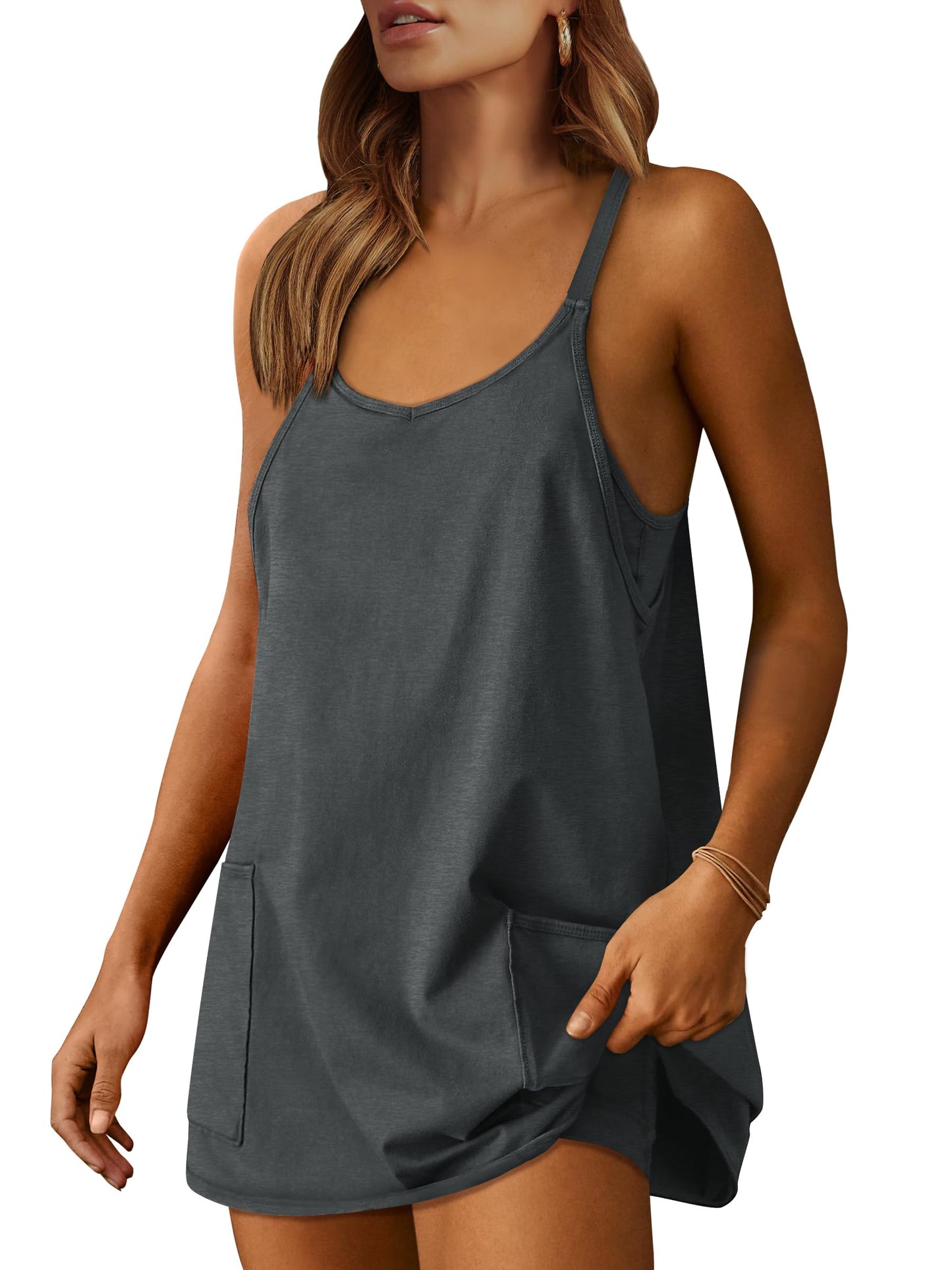ANRABESS Women Athletic Dress Summer Tennis Workout Active Sports Mini Romper Dress Built in Shorts Travel Vacation Clothes Deep Gray Small