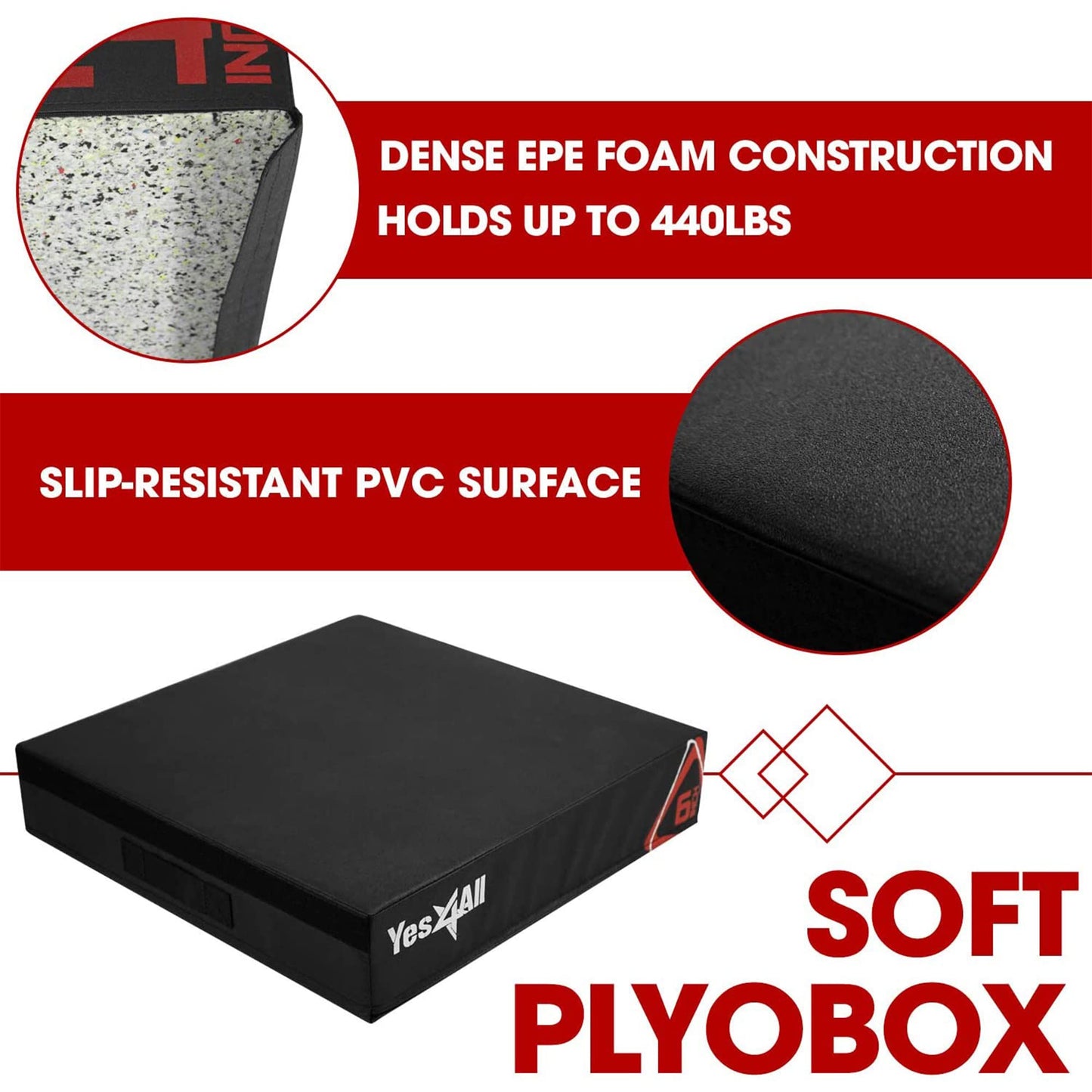 Yes4All Stackable Soft Plyo Box, Adjustable Plyometric Jump Box for Plyometric Exercises, HIIT, Conditioning - Black - 6"