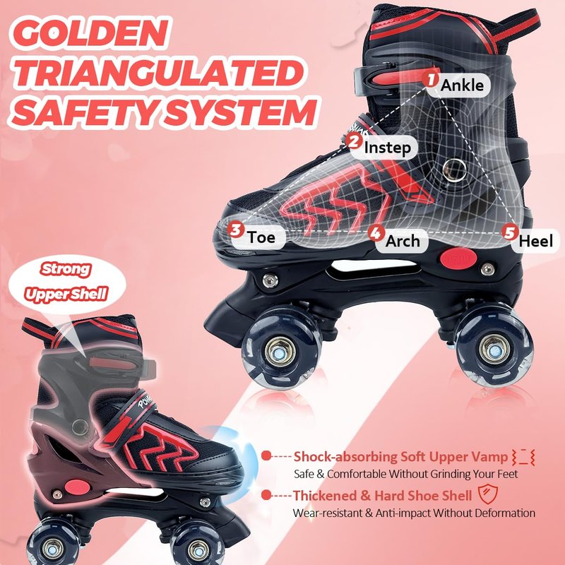 HXWY Kids Roller Skates for Boys Girls Child, Adjustable 4 Sizes Roller Skates for Kids and Youth with Light Up Wheels, Quad Black & Red Roller Skates for Sports (Youth 4-7)