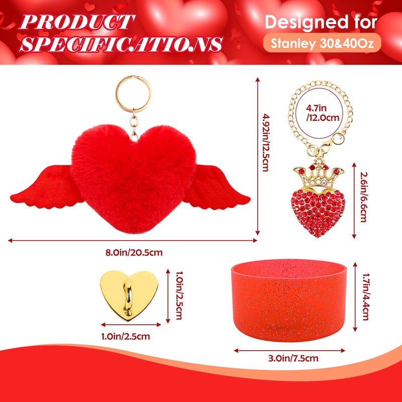 WINOWIMO 8 Pcs Valentines Day Accessories Set for Stanley Cup 30&40 Oz, Red Silicone Glitter Boot 2 Pcs Straw Covers Pom-Pom Charm Heart Charm Water Bottle Handle, Valentines Day Gifts for Her Girls