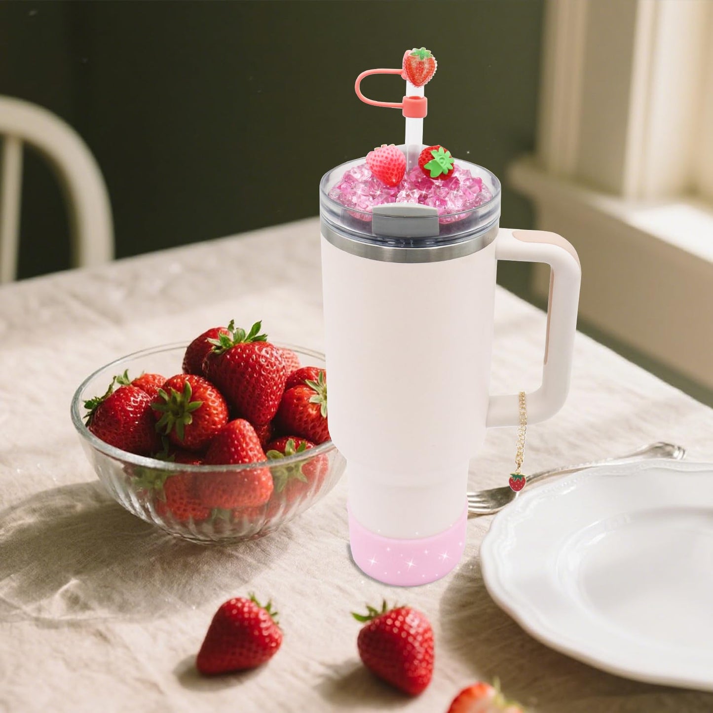 Cup Lid Topper Decoration for Stanley 40 oz，Including Silicone Boot, Silicone Straw Topper Cover Cap, Lid Charms，Cup Chain - Cute Strawberry Decoration Accessories