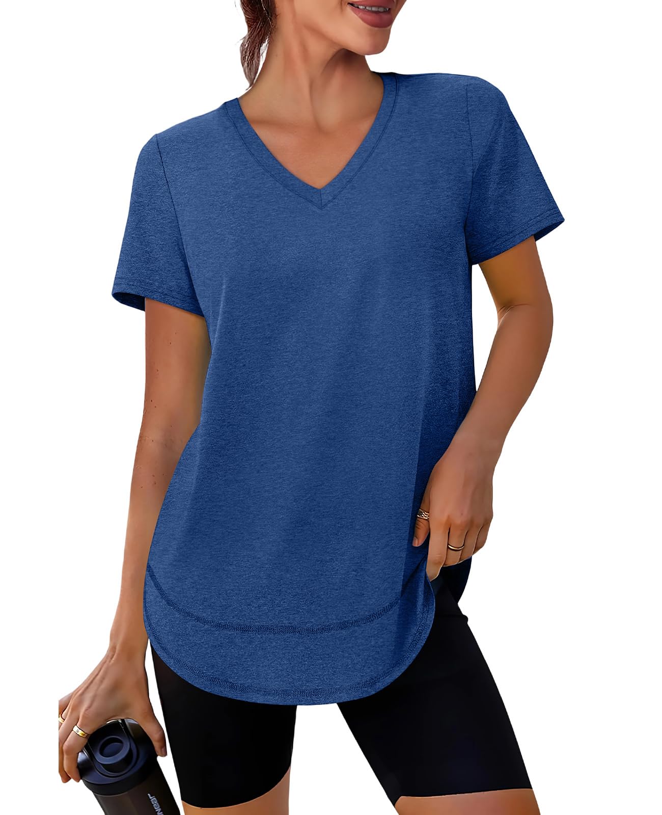 Short Sleeve Shirts for Women Workout Pilates Outfits Tennis Summer Tops 2026 Beach Vacation Clothes V Neck Blue M