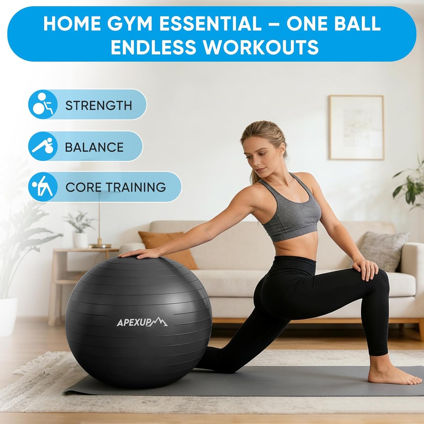 APEXUP Yoga Ball - Anti-Slip Heavy Duty Exercise Ball for Fitness, Core Workout & Balance Training | 5 Sizes Available