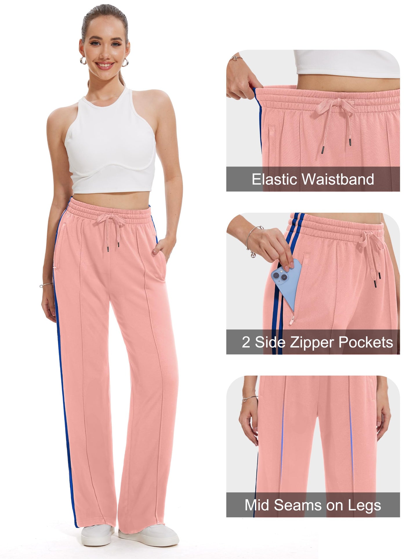 Tapata Women's 30" Inseam Track Pants Elastic Waistband Y2K with Zipper Pockets Dance Studio Sweatpants, Pink, M