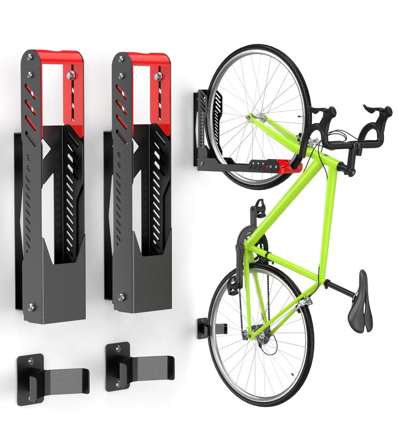 ALIXUEQIN Swivel Bike Wall Mount 2 Pack Bike Rack for Garage, No Heavy Lifting Required Wall Bike Hangers Can Holds up to 77 lbs (Black & Red)