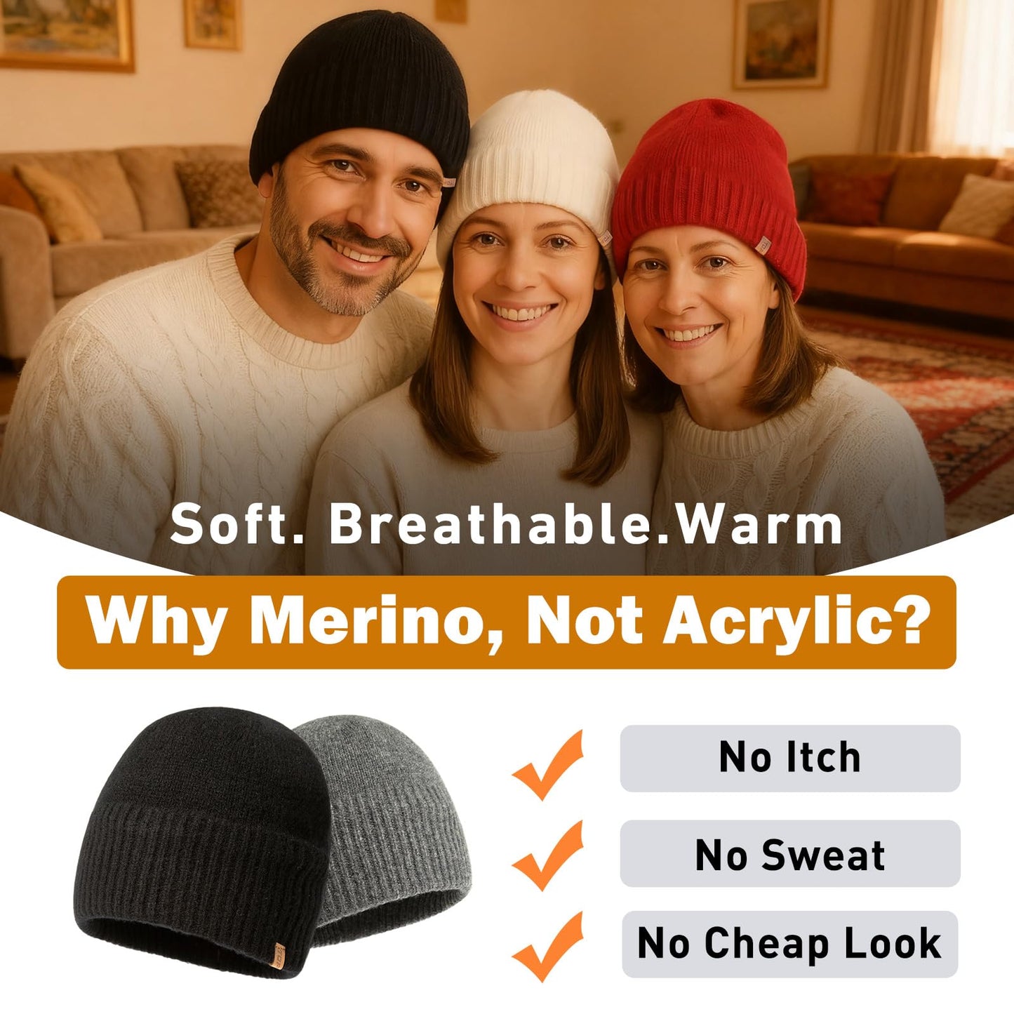 PolarWool™ 80% Merino Wool Beanie Satin Lined Cuffed Watch Fisherman Cap Oversized Big Head Winter Hat for Men Women Outdoor Work Black XL/XXL