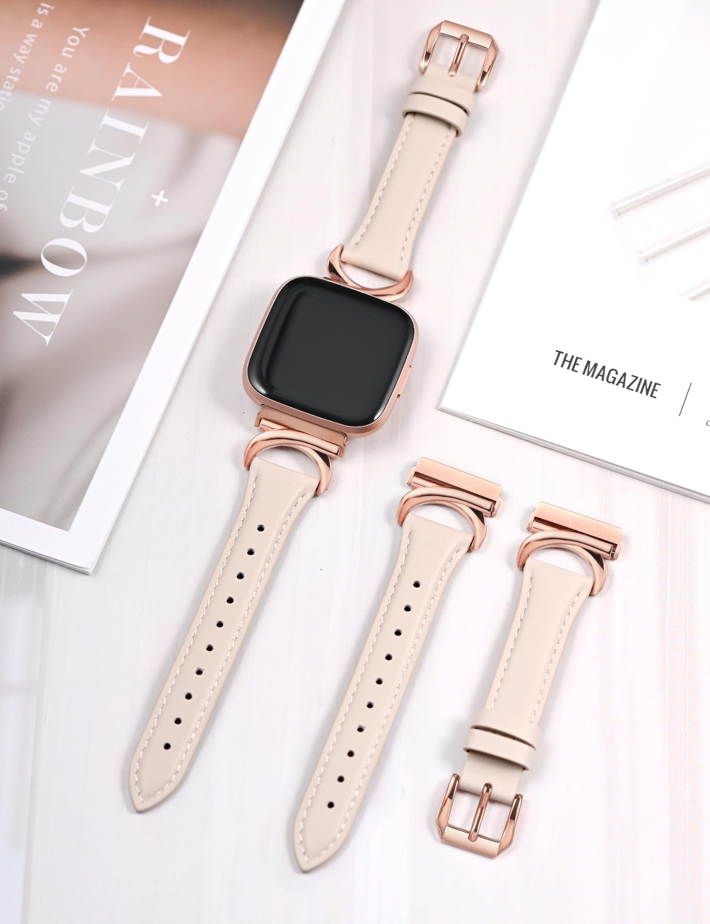 Minyee Leather Band Compatible with Fitbit Versa 2/Fitbit Versa/Versa Lite Bands Women, Slim Thin Dressy Designer Premium Leather Strap with C-Shape Metal Buckle for Versa 2 Watch, Starlight/Rose Gold