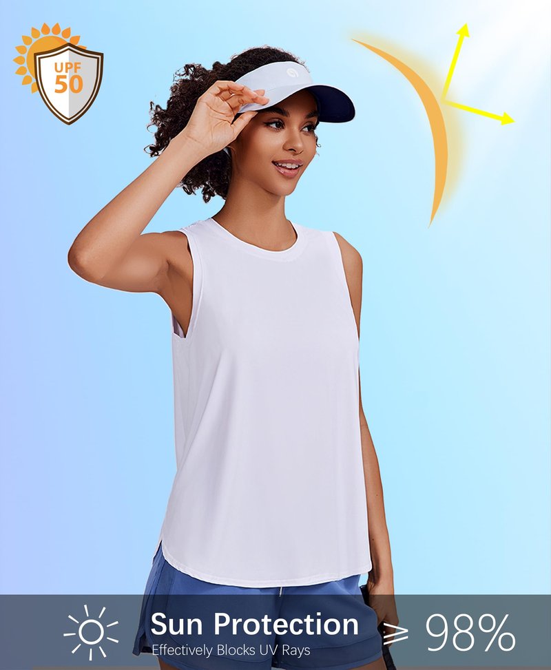 PINSPARK Athletic Tank Tops for Women Moisture Wicking Workout Tanks UPF 50+ Sleeveless Yoga Shirt with Side Slits Loose Fit Gym Top for Running, White Medium