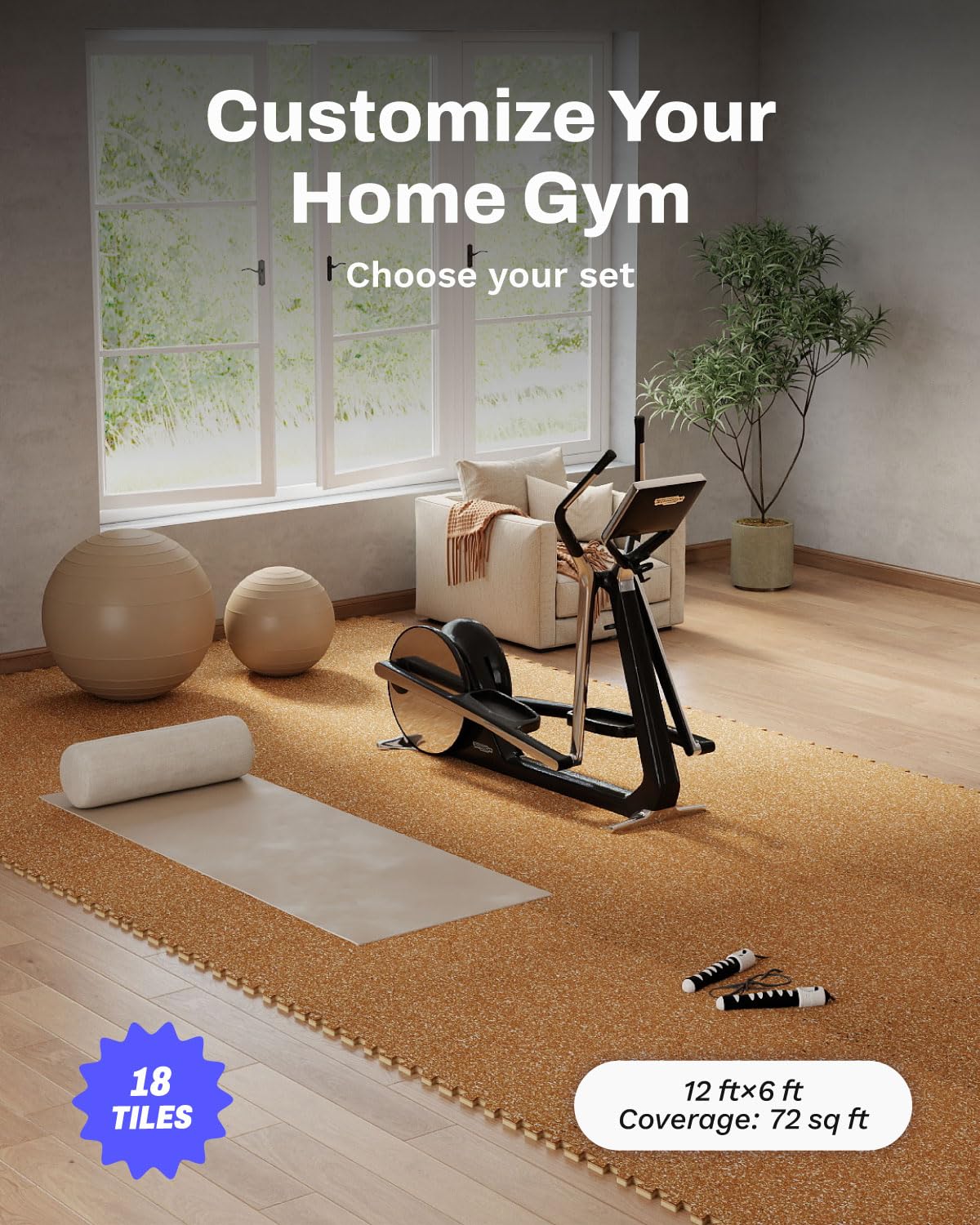 AIRHOP 0.79in Thick 72 Sq Ft Exercise Equipment Mats, 18 Tiles Upgraded Rubber Top with High Density EVA Foam, Large Interlocking Puzzle Gym Flooring for Home Gym, Heavy Weight Workout,Wood