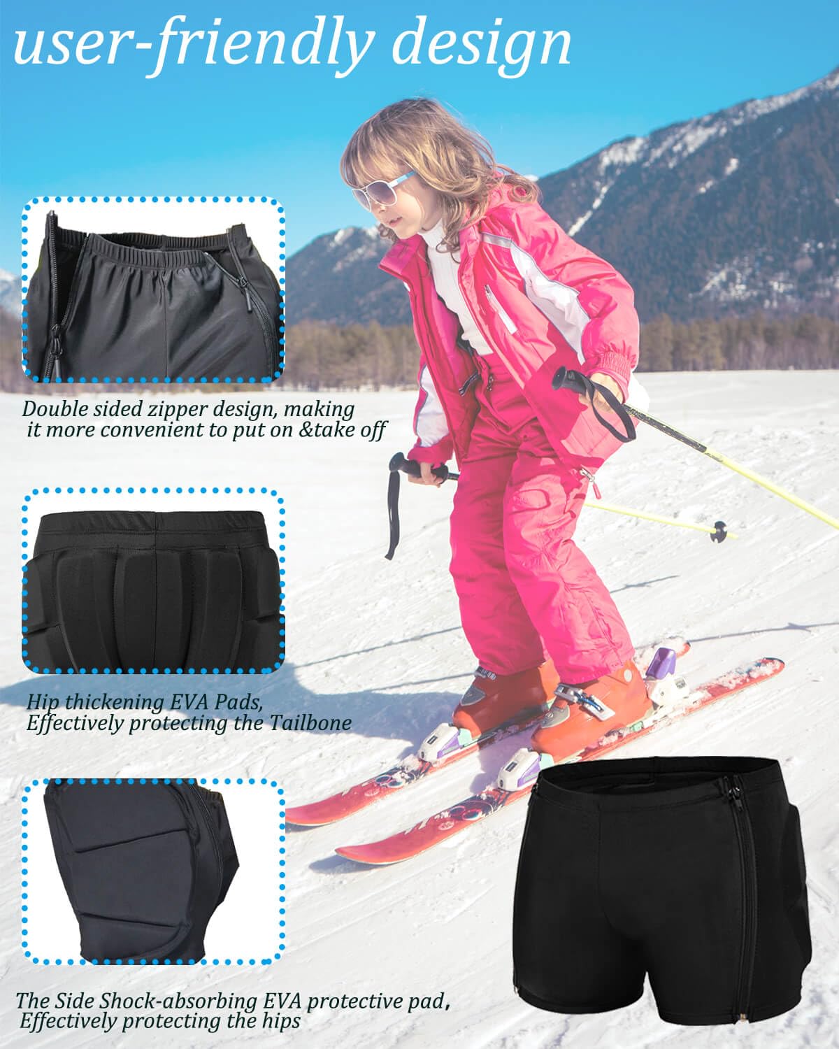 Kids Zip-on Zip-off Padded Shorts for Snowboard Ski Figure Skating Cycling, Children Youth Adults 3D Hips Pants Proteciton for Tailbone and Butt