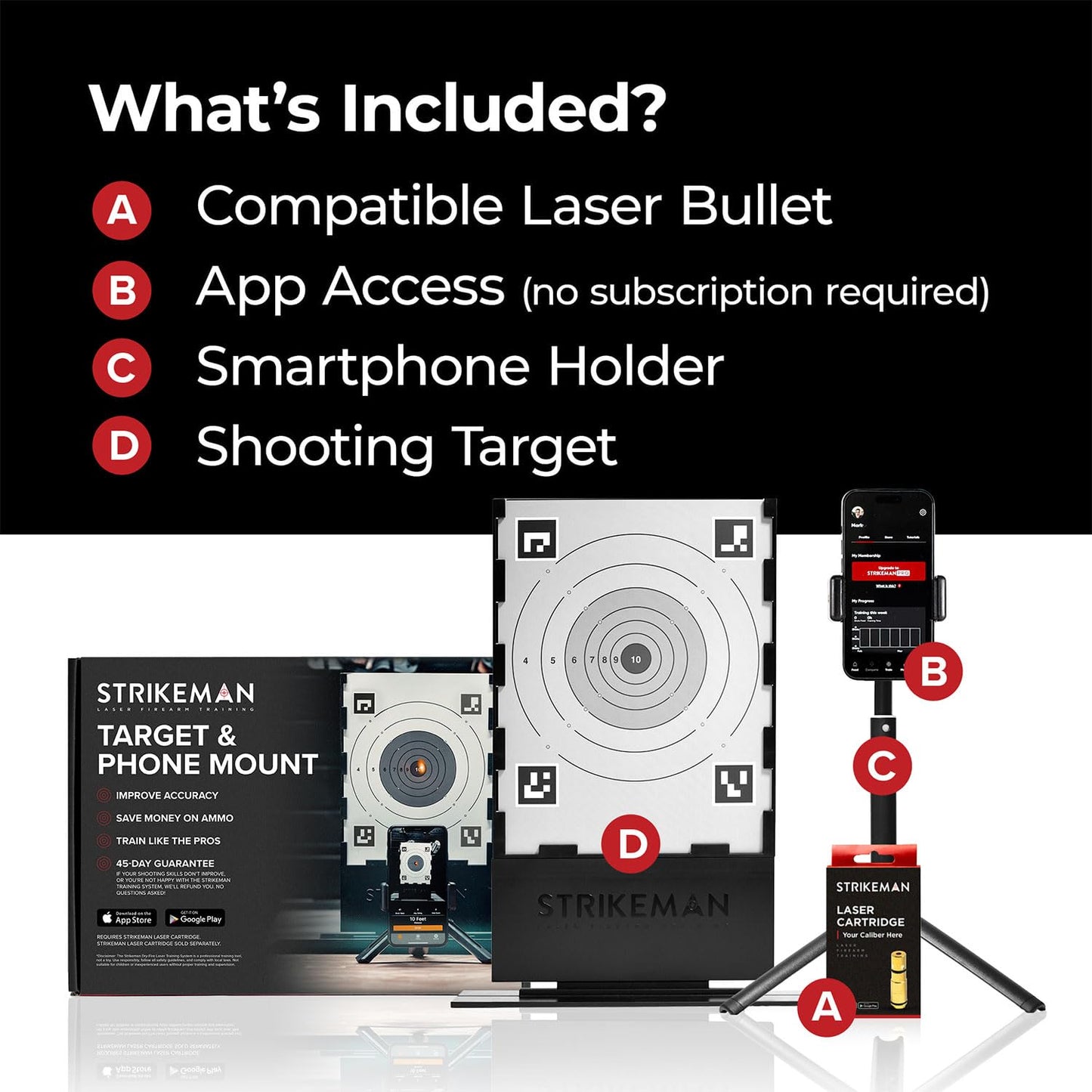 Strikeman Colt 45 Dry-Fire Laser Training System - Great for Target Shooting Practice with Pistols - Kit w/Access to Updated Strikeman App (No Subscription Needed), Cartridge, Target & Phone Holder