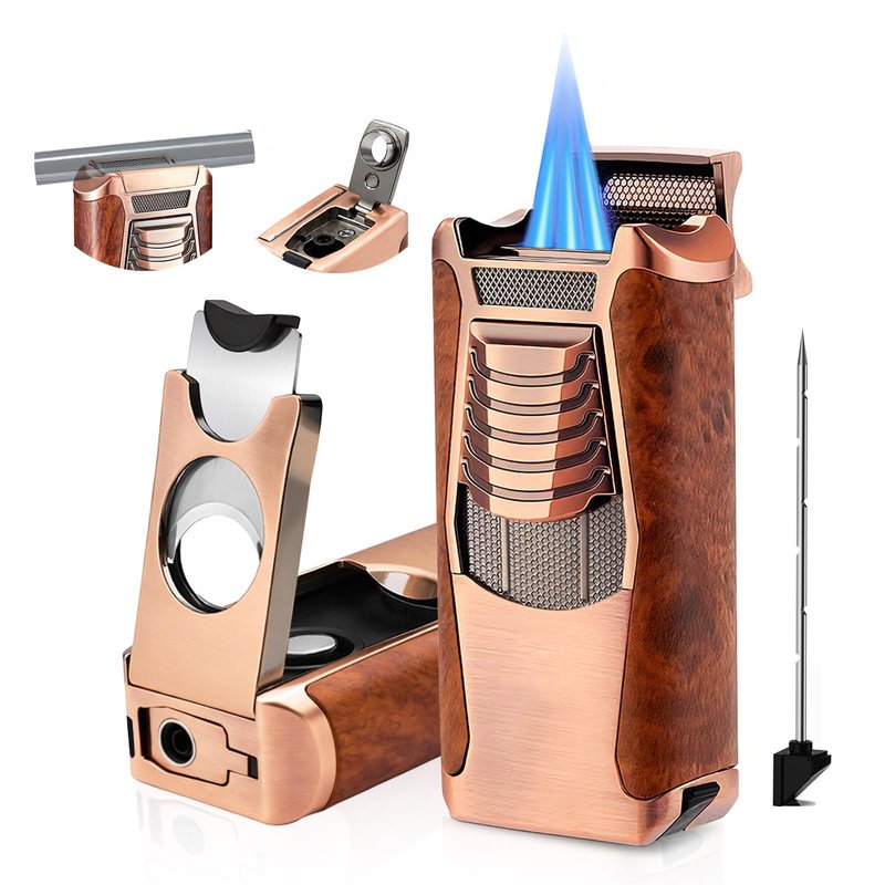 VloEssic All in One Butane Torch Lighter, Triple Jet Flame Windproof Lighter Built-in Cutter, Punch, Holder, Draw Enhancer, Refillable Butane Lighter for Candles, Cool Lighters Gift for Men (No Gas)