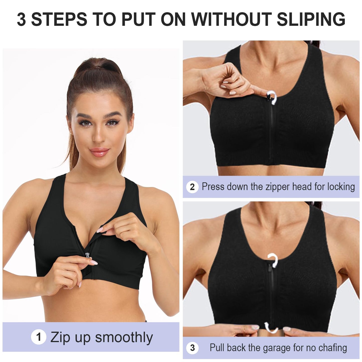 Women's Zip Front Sports Bra Wireless Post-Surgery Bra Padded Surgical Bra Front Closure Comfortable Racerback Yoga Workout Compression Sport Bras Multipack Zipper Up Bras (XXX-Large, 3 Pack Black)