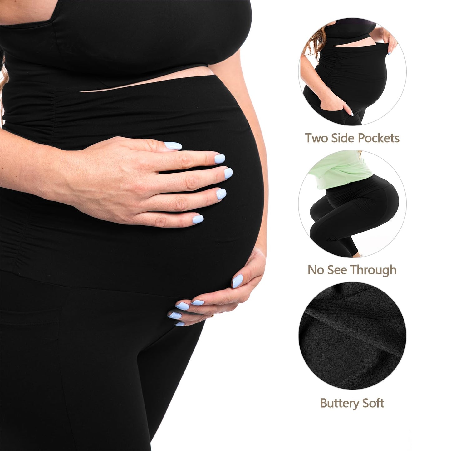 Walifrey Women's Maternity Leggings with Pockets Over the Belly,Pregnancy Yoga Pants Activewear Workout Leggings Black L