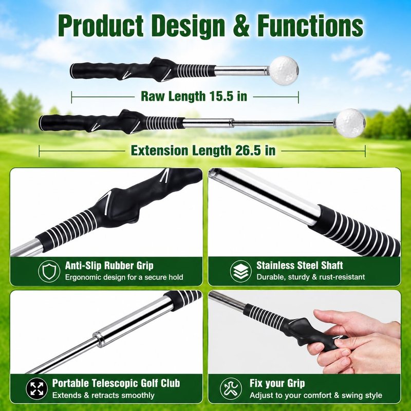 sysdmno Pop-Feedback Retractable Golf Swing Trainer – Click & Tempo Stick for Right-Handed Golfers, Grip Trainer, Arm Connection, Indoor/Outdoor Practice, Ideal Gift for Beginners